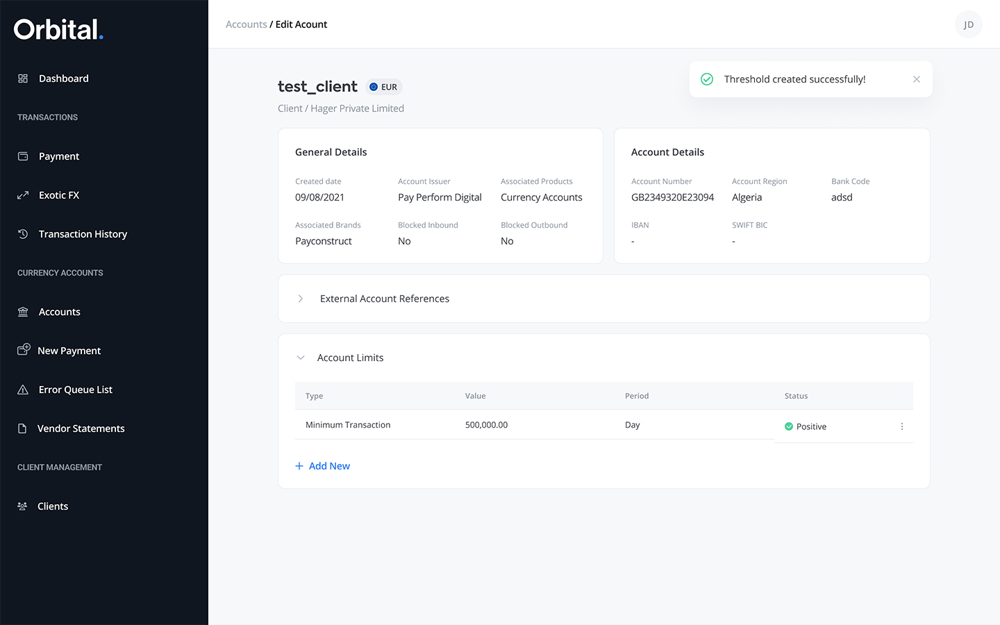 Orbital cross-border payments platform interface